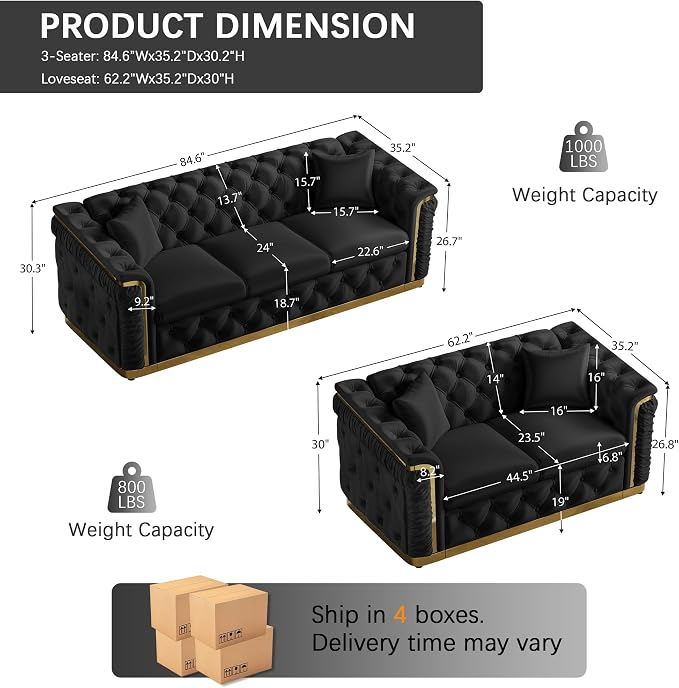 2 Piece Velvet Chesterfield Sofa Luxury Tufted Sofa Black and Gold Couch Set - Image 2