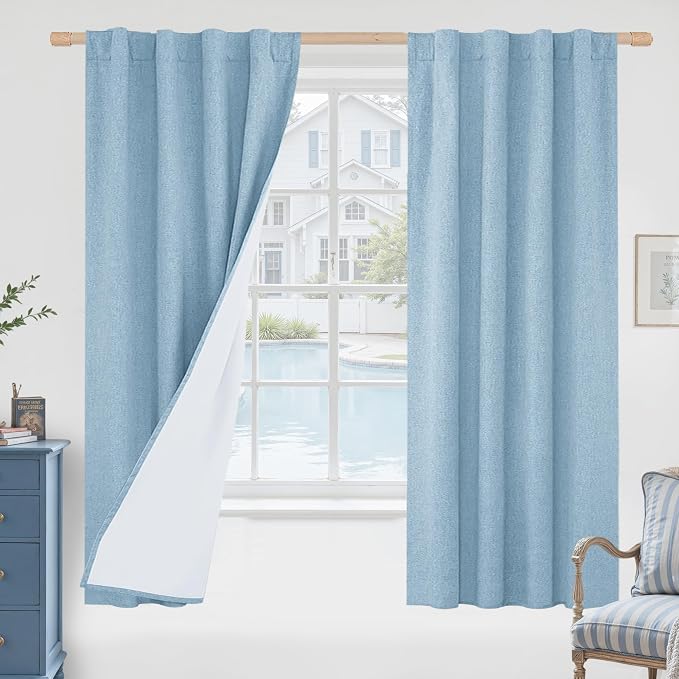 Stone Blue 100% Blackout Linen Curtains 63 Inch Length 2 Panels | Linen Textured by LAMIT