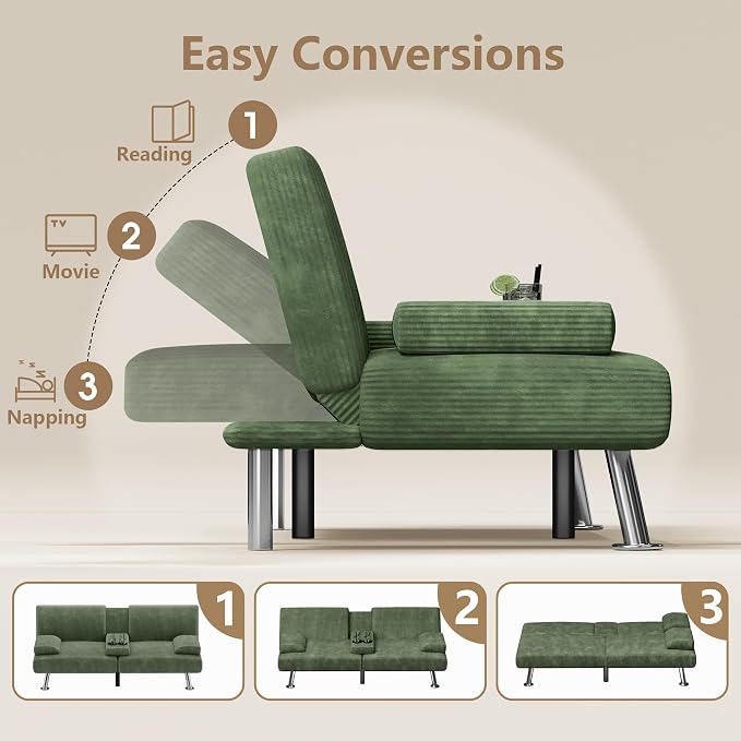Flamaker Futon Sofa Bed Corduroy Folding Couch Adjustable Sleeper Sofa Bed - Image 4