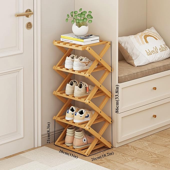 Foldable Shoe Rack, Bamboo Vertical Shoe Organizer Tall - Image 2