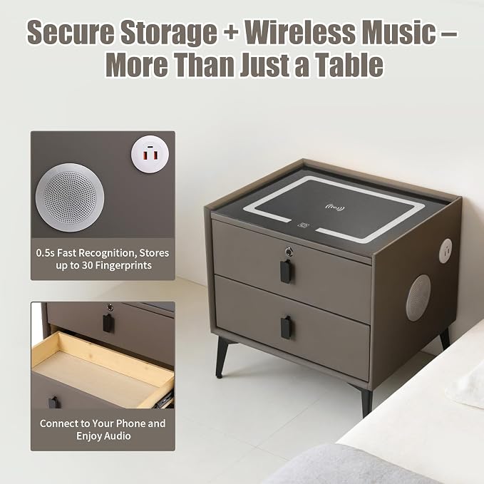 Smart Nightstand with Charging Station, Adjustable LED, USB Ports, Fingerprint - Image 4