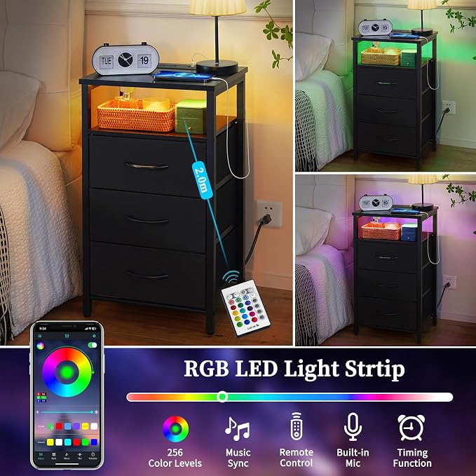 Yoobure Night Stand with Charging Station, 16 Colors LED Nightstand with USB - Image 4