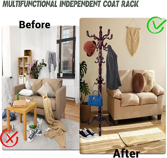 73" Wooden Coat Rack Stand, Coat Racks Freestanding - Image 5