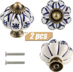 Ivory & Deep Blue Pumpkin Knobs 2 Pack Ceramic Cabinet Knobs Vintage Drawer - Image 2