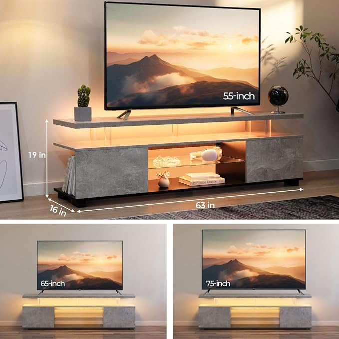 Cubehom Grey TV Stands for Living Room, Glass TV Stand, LED TV Stand for 75+ - Image 2