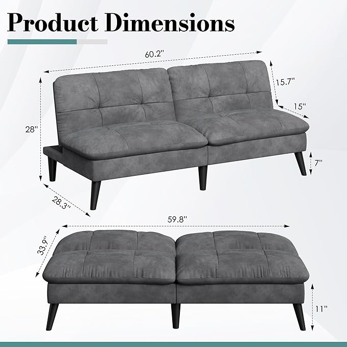 Shintenchi Futon Sofa Bed, Foldable Small Velvet Couch Bed - Image 2