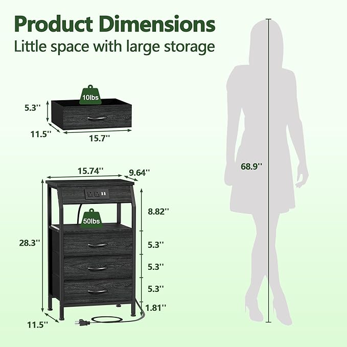 Furnulem Night Stand with Charging Station, 28.3 Inch Tall Side Table with - Image 3