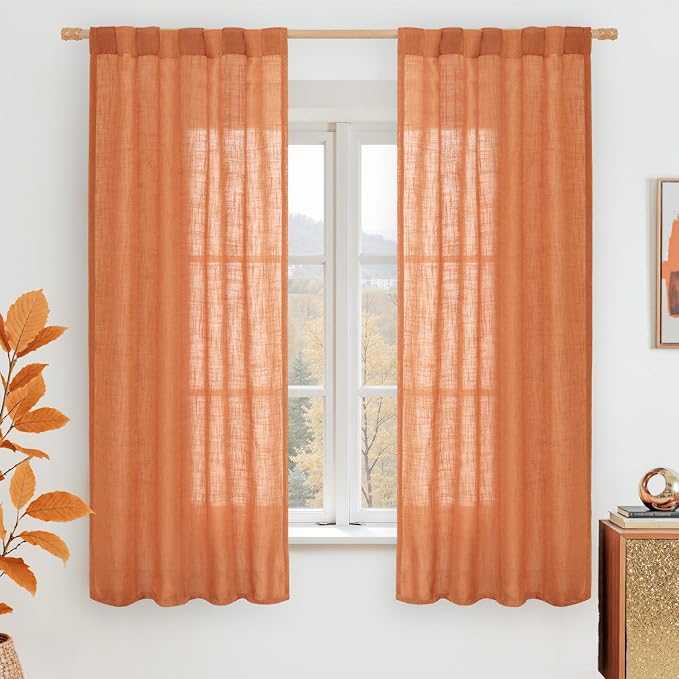 Burnt Orange Semi Sheer Window Linen Curtains 63 Inch Length | Light Filtering by LAMIT