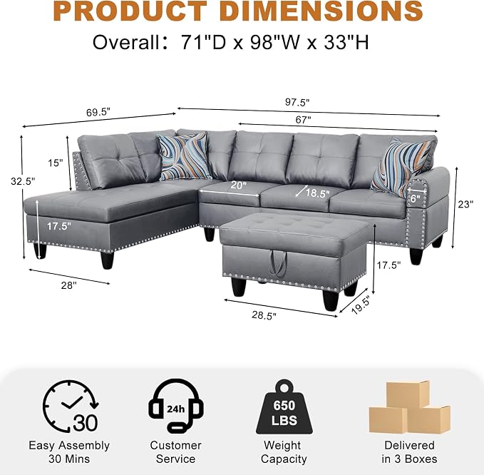 Wakefit Sectional Sofa Couch, Modern 4-Seaters Living Room Furniture Sets - Image 2