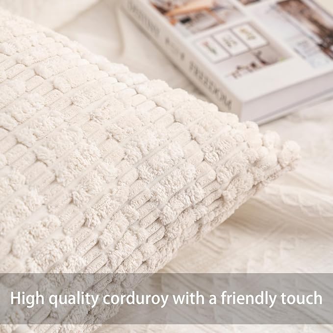 Pack of 2 Corduroy Decorative Throw Pillow Covers 24x24 Inch, Cream White | - Image 2