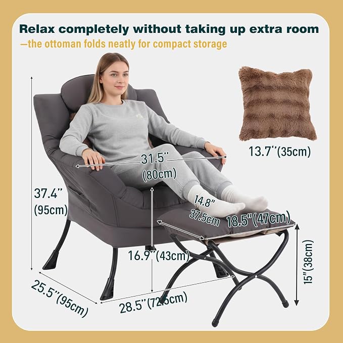 Lazy Chair with Ottoman, Large Accent Chair with Ottoman and a Throw Pillow - Image 2