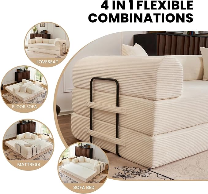 79'' Folding Convertible Sofa, Corduroy Modular Floor Couch - Image 3