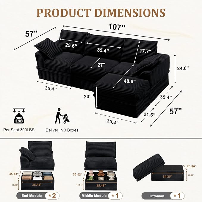 Upgrade Boneless Couch with Storage, Extra Deep&High Seat Modular Sectional - Image 3