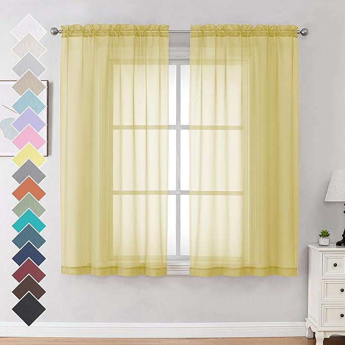 Mustard Yellow Sheer Curtains 63 Inches Length 2 Panels Rod Pocket Light Weight by OVZME