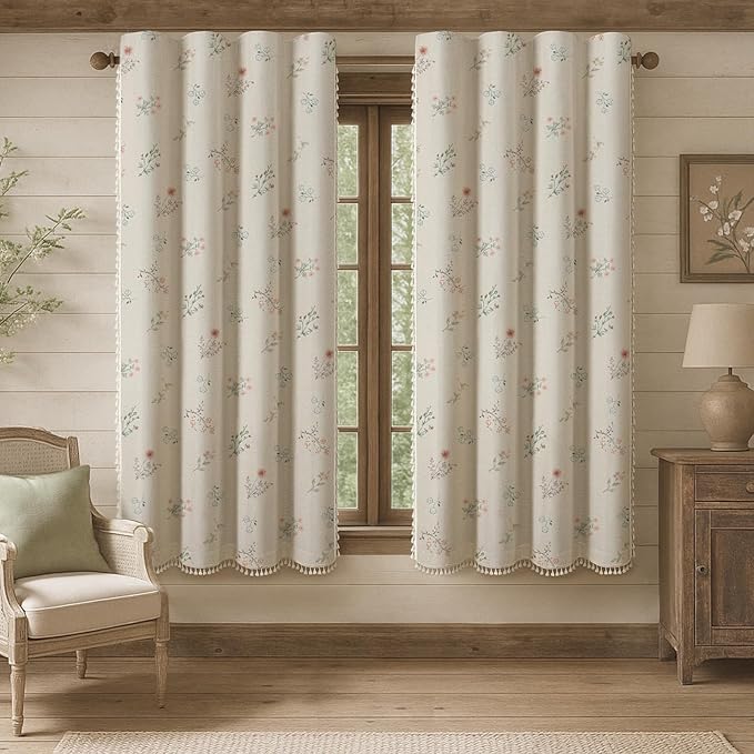 Boho Floral 100% Blackout Curtains 63 Inch 2 Panels Linen Texture | Farmhouse by Unknown