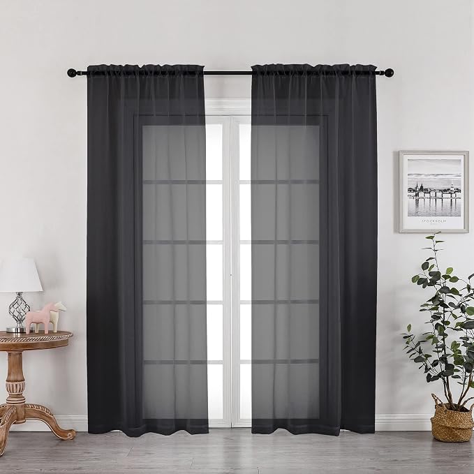 Black Sheer Curtains 72 Inches Long 2 Panels, Transparent Voile Sheer Curtain by OWENIE
