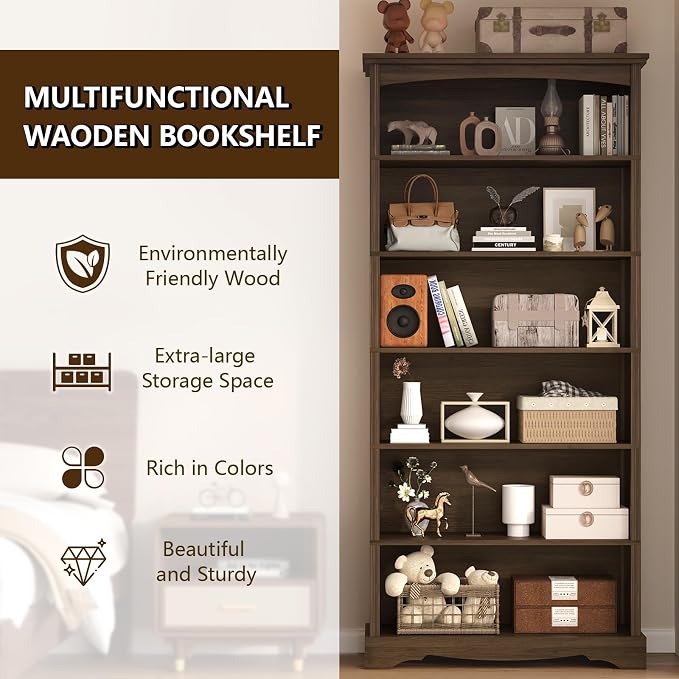 TVU 6-Tier Wooden Bookshelf, 76 Inch Tall Bookshelf - Image 4