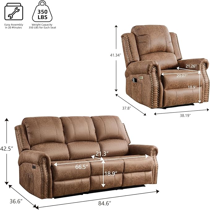 EBELLO Faux Leather Power Living Room Furniture Set, Included 2 Reclining 1 - Image 2