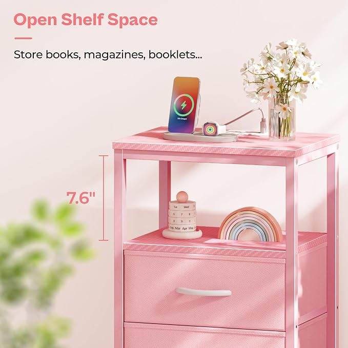 Huuger Nightstand with Charging Station, Side Table with Fabric Drawers - Image 6