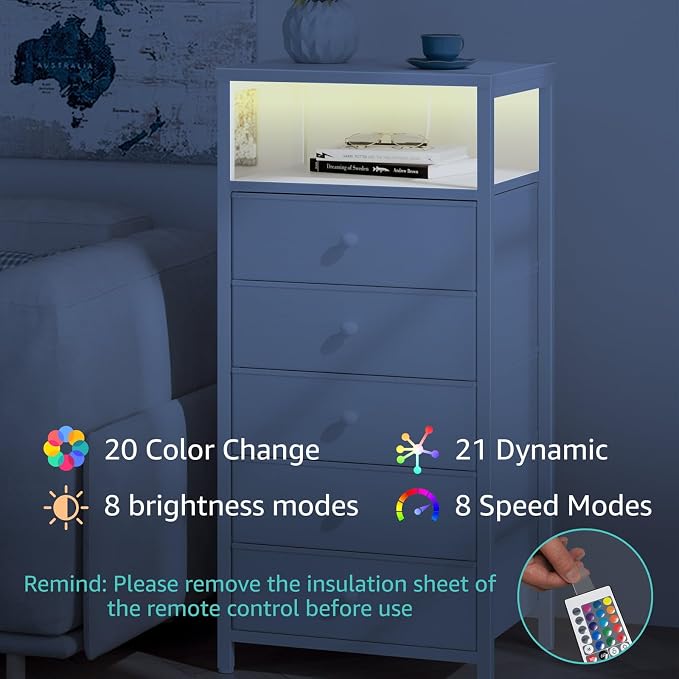 BOLUO White Dresser with 5 Drawers Tall Nightstand with Charging Station and - Image 6