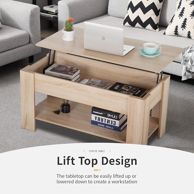Lift Top Coffee Table with Lift Tabletop Hidden Compartment and Storage Shelf - Image 4
