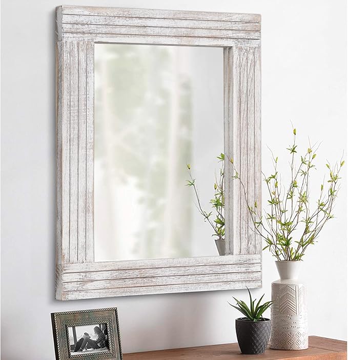 Wall Mirror Rustic Wooden Frame Rectangle Mirror Vintage Hanging Mirror by HLFMVWE