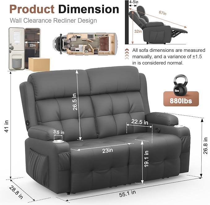 Reclining Loveseat, 55.1" RV PU Leather Wall Hugger Recliner Love Seats Sofa - Image 2