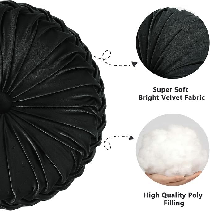 HIG Set of 2 Black Velvet Decorative Round Pleated Throw Pillows | Vintage - Image 2