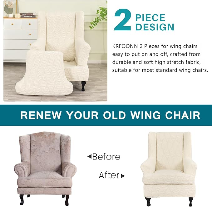 KRFOONN Stretch Wing Chair Slipcovers Jacquard 2 Piece Wingback Chair Covers - Image 4