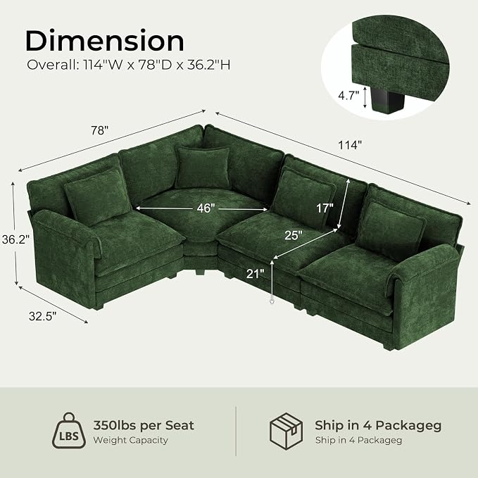 ELUCHANG 114" Oversized V-Shaped Cloud Couch Modular Sectional Sofa - Image 2