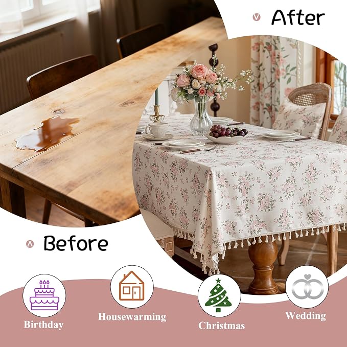 VClife Shabby Chic Pink White Floral Tablecloth - Image 5