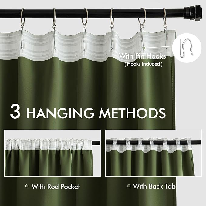 MIULEE Olive Green Back Tab Blackout Curtains 52x102 Inch Long 2 Panels Set | - Image 3