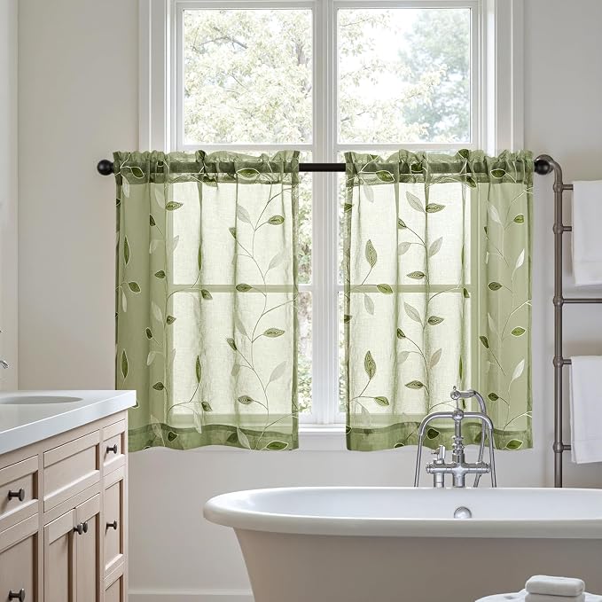 MIULEE Sage Green Sheer Curtains 2 Panels Leaf Patterned, W30 x L24 | - Image 7