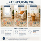 Lahome Round Moroccan Washable Rug, Soft Vintage Small Round Rug 3ft Non-Slip - Image 2