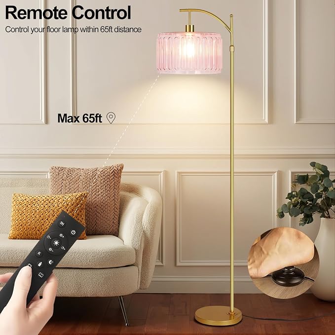 QIYIZM Pink Floor Lamp for Living Room, Mid Century Modern Brass Tall Lamp Boho - Image 4