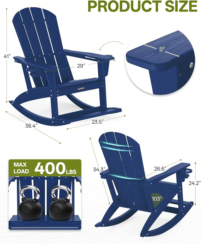 Outdoor Oversized Adirondack Rocking Chairs, All Weather HDPE Patio Rocking - Image 2