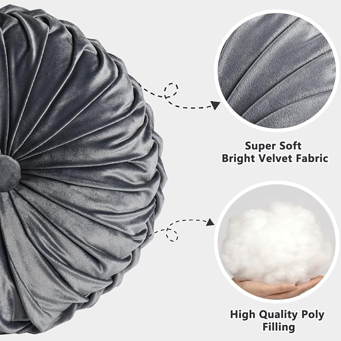 HIG Set of 2 Dark Gray Velvet Decorative Round Pleated Throw Pillows | Vintage - Image 2