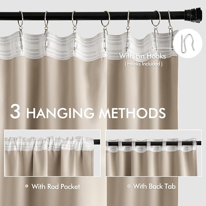 MIULEE Taupe Back Tab Blackout Curtains 52x72 Inches Long 2 Panels Set | Rod - Image 3