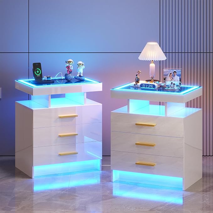 HNEBC Night Stand Set 2 with LED Lights, High Gloss Nightstand with 3 Drawers by HNEBC