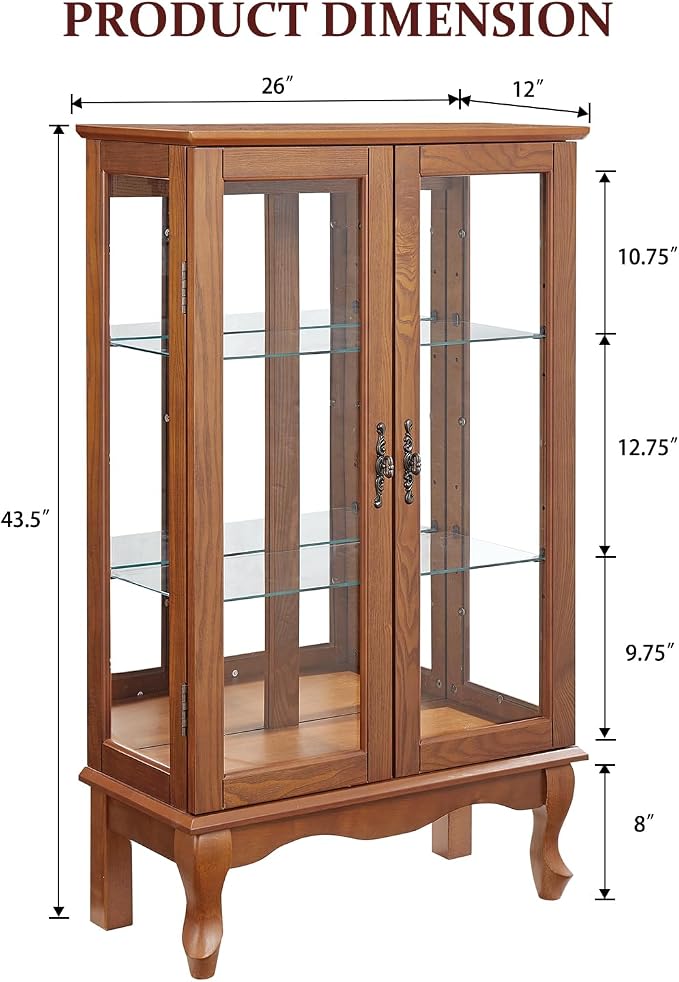 Curio Cabinet With Lighted Tall Leg Glass Door, Antique Display With Mirrored - Image 2