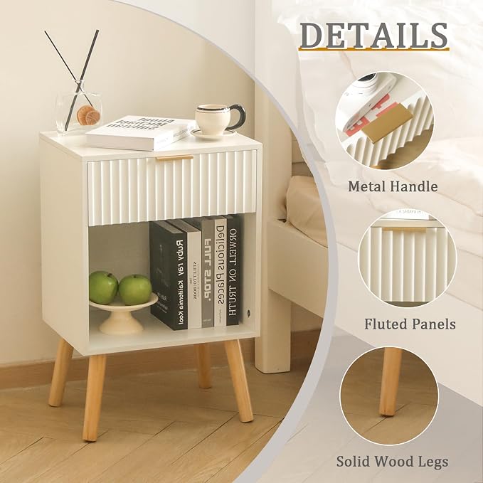 Fultyle White Nightstand with Charging Station, Mid Century Modern Bedside - Image 5