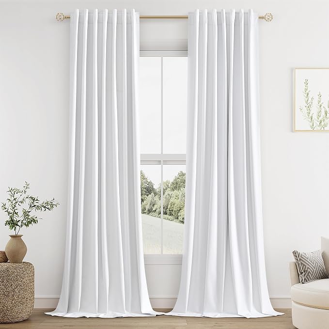 White 100% Blackout Linen Curtains 144 Inch Length 2 Panels Set by Guken