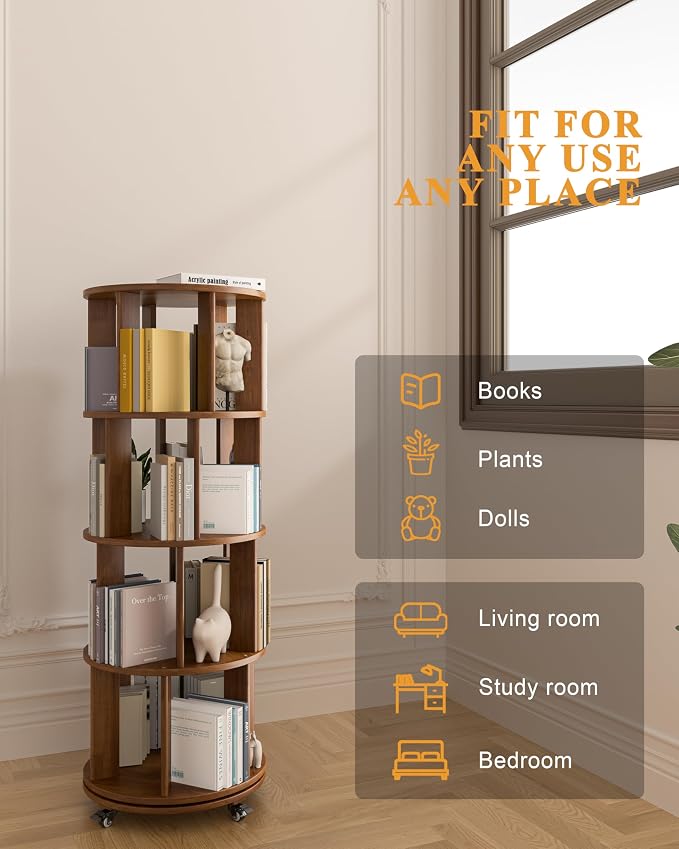 4-Tier Solid Wood Rotating Bookshelf on Wheels, 360° Spinning Book Shelf Tower - Image 6