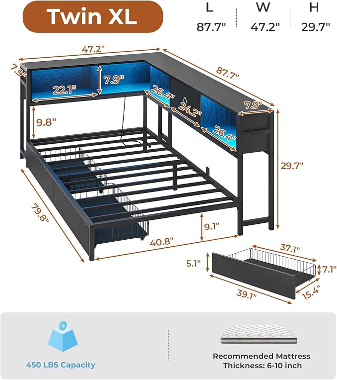 DICTAC Corner Bed Frame with 2 Storage Drawers and Bookcase Headboard Twin XL - Image 3