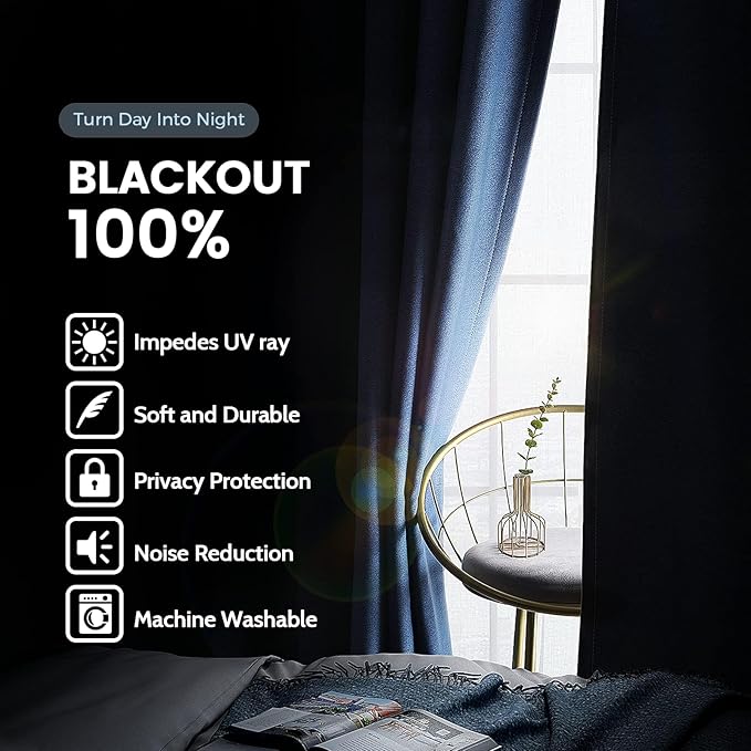 SimpleHome Navy Blue 100% Blackout Curtains Room Darkening Living Room 90 | - Image 3
