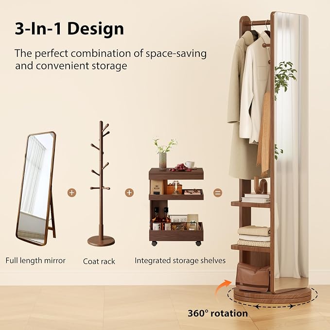 WoodsWhisper Full Length Mirror Coat Rack Solid Wood Floor Mirror 66"x12" Full - Image 6
