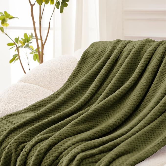 Exclusivo Mezcla Soft Waffle Fleece Bed Blanket Twin Size, Olive | Lightweight - Image 5