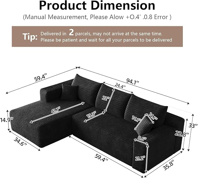 95" Cloud Sectional Couch with L-Shape Chaise, Modern Cloud Couch with Deep Seat - Image 2