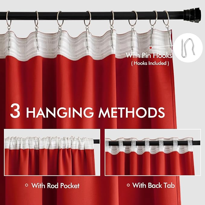 MIULEE Christmas Red Back Tab Blackout Curtains 52x90 Inch Long 2 Panels | Rod - Image 3