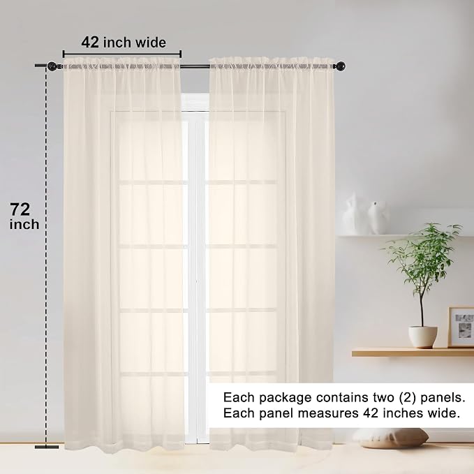 Sheer Curtains 72 Inches Long 2 Panels Set, Light Filtering Sheer Curtain Rod - Image 2